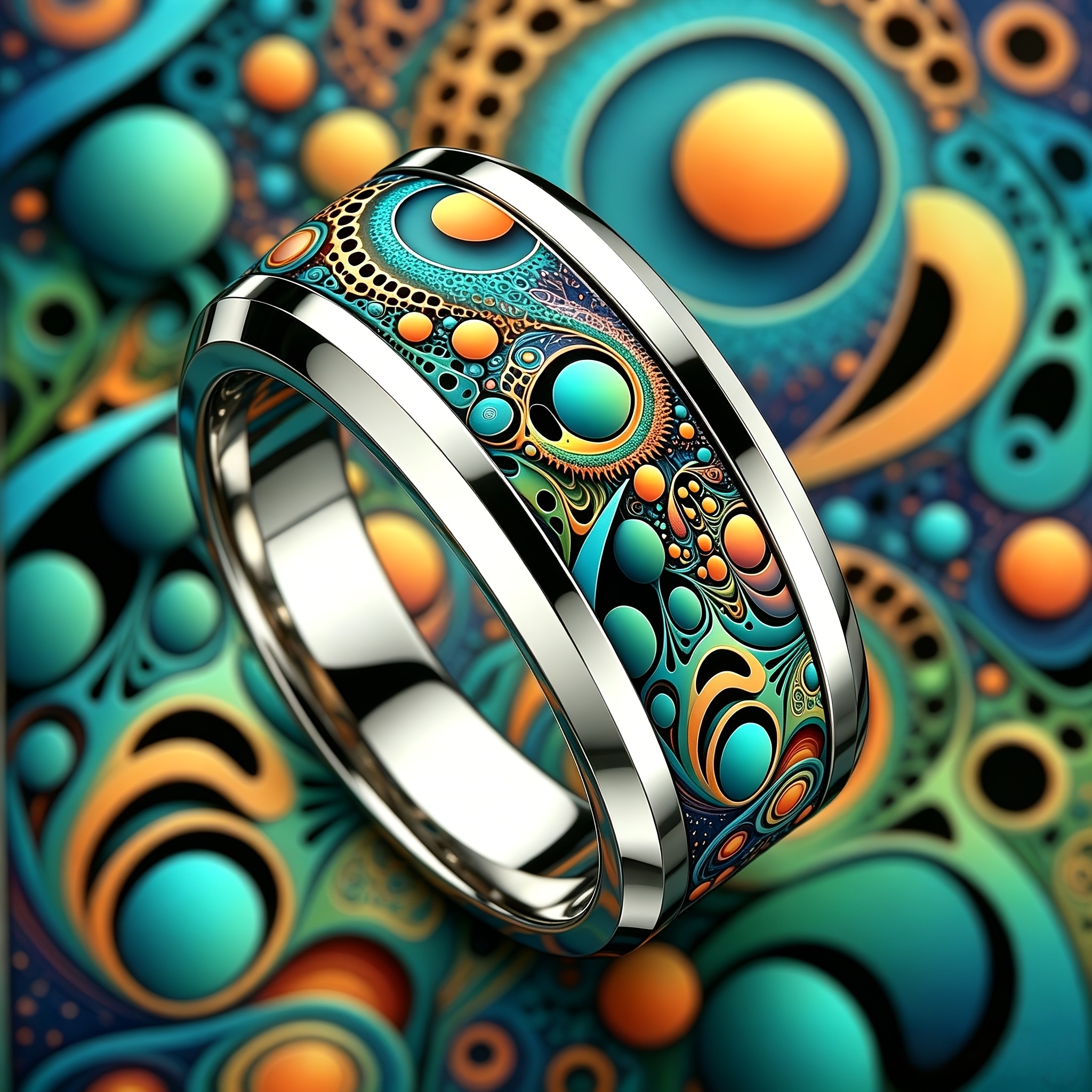 Iridescent Swirl Polka Dot Print Ring, Stainless Steel